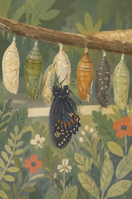 Emerging Butterfly Among Evergreen Chrysalises