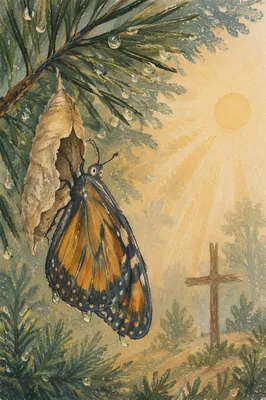 Butterfly Emerging on Evergreen Branch