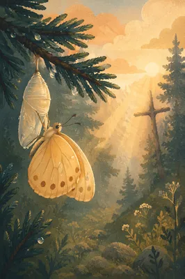 Golden Butterfly Emerging in Evergreen Dawn