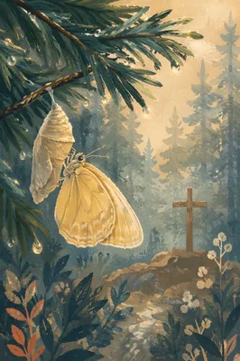 Hopeful Butterfly Emerging Beneath Evergreen Branch