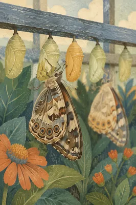 Emerging Butterfly Beneath Evergreen Garden Rail