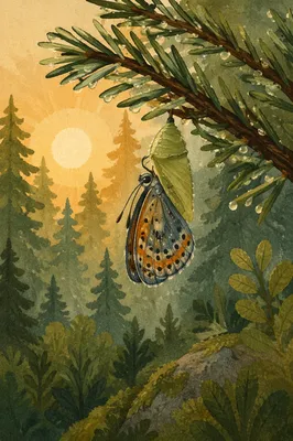 Butterfly Emerging from Evergreen Chrysalis
