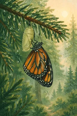 Butterfly Emerging on Evergreen Branch at Dawn