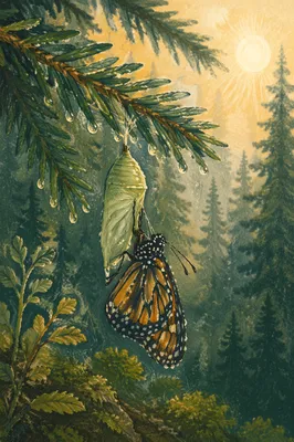 Butterfly Emerging Beneath Evergreen Pine Twig