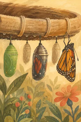 Butterfly Emerging Beside Green Chrysalises