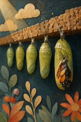 Butterfly Emerging from Chrysalis in Evergreen Tones