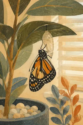 Butterfly Emerging Beneath Evergreen Leaves