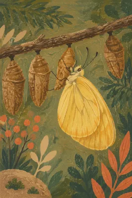 Yellow Butterfly Emerging in Evergreen Garden
