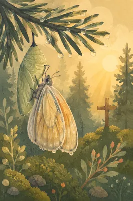 Butterfly Emerging Beneath Evergreen Dawn