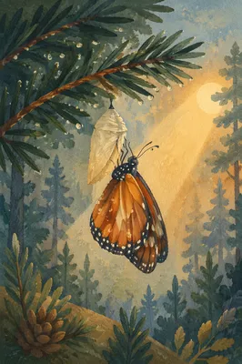 Butterfly Emerging Beneath Evergreen Dawn