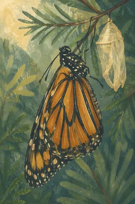 Butterfly Emerging from Chrysalis on Evergreen Twig