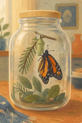 Butterfly Emerging Beside Evergreen in Glass Terrarium