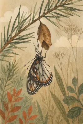 Butterfly Emerging Beneath Evergreen Cocoon
