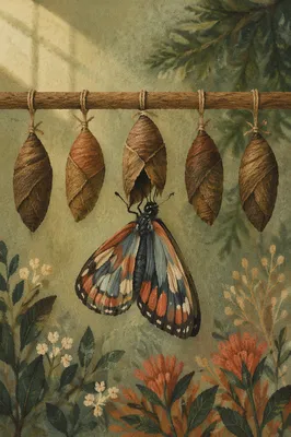 Butterfly Emerging Beneath Evergreen Cocoon Display