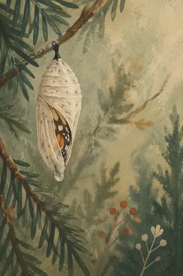 Emerging Butterfly Chrysalis Among Evergreen Branches