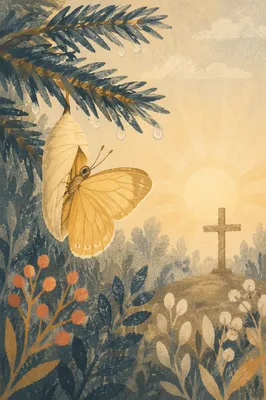 Butterfly Emerging Beneath Evergreen Branch