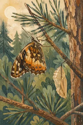 Butterfly Emerging Beside Evergreen Chrysalis