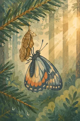Butterfly Emerging from Chrysalis on Evergreen Branch