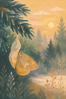 Golden Butterfly Emerging Beneath Evergreen Branch