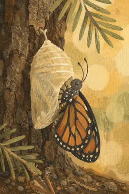 Butterfly Emerging From Cocoon on Evergreen Bark