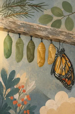 Butterfly Emerging from Evergreen Chrysalises