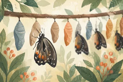 Newly Emerged Butterfly on Evergreen Branch