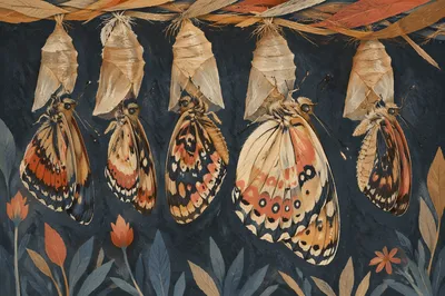 Butterflies Emerging from Cocoons in Gentle Light