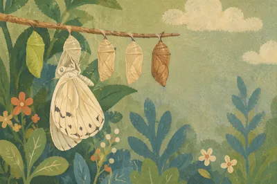 Butterfly Emerging from Cocoon in Evergreen Garden