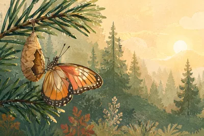 Butterfly Emerging Beside Evergreen Cocoon at Dawn