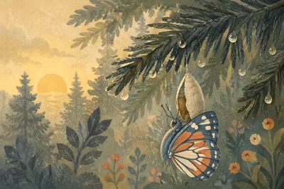 Butterfly Emerging Beside Evergreen Chrysalis at Dawn