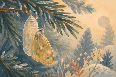 Golden Butterfly Emerging Beneath Evergreen Branch