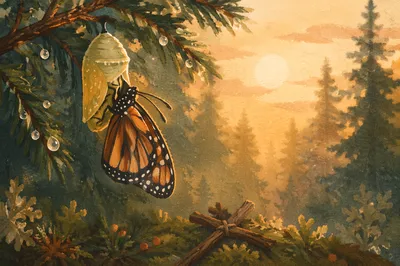 Butterfly Emerging Beneath Evergreen Dawn
