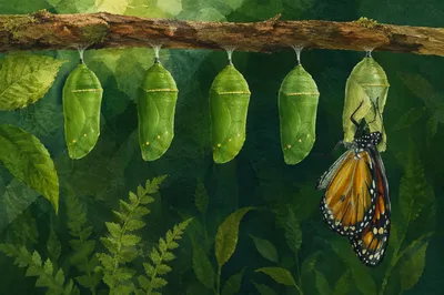 Butterfly Emerging from Evergreen Chrysalis