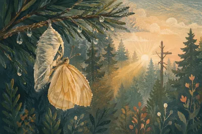 Golden Butterfly Emerging Beneath Evergreen Dawn