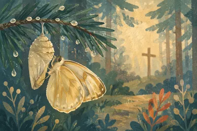 Golden Butterfly Emerging Beneath Evergreen Branch