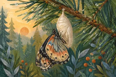 Butterfly Emerging Beneath Evergreen Branch