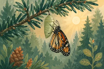 Butterfly Emerging on Evergreen Branch at Dawn
