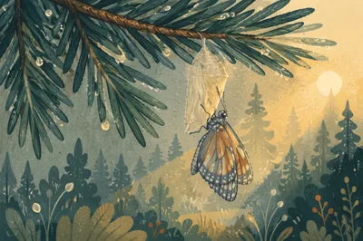 Butterfly Emerging Beneath Evergreen Pine Branch