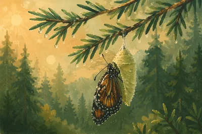 Butterfly Emerging Beneath Evergreen Pine Twig