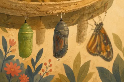 Butterfly Emerging Beside Green Chrysalises