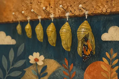 Butterfly Emerging from Evergreen Chrysalis