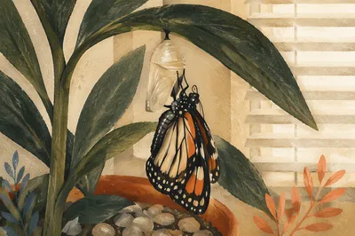 Butterfly Emerging Beneath Evergreen Leaves