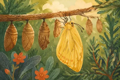 Yellow Butterfly Emerging in Evergreen Stillness
