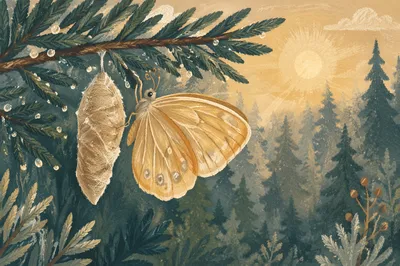 Butterfly Emerging from Cocoon on Evergreen Branch
