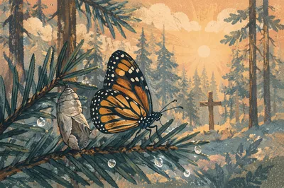 Butterfly Emerging Beside Evergreen Cross