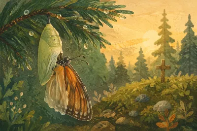 Butterfly Emerging Beneath Evergreen Dawn
