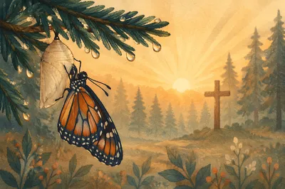 Butterfly Emerging Beside Evergreen Cross