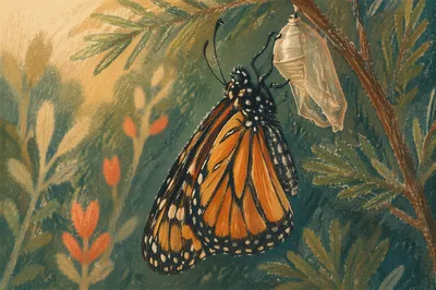 Butterfly Emerging from Chrysalis on Evergreen Twig