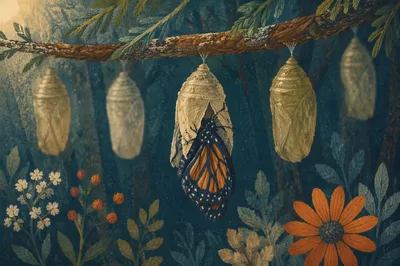 Butterfly Emerging From Evergreen Cocoon