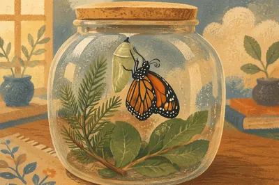 Butterfly Emerging From Chrysalis in Evergreen Terrarium